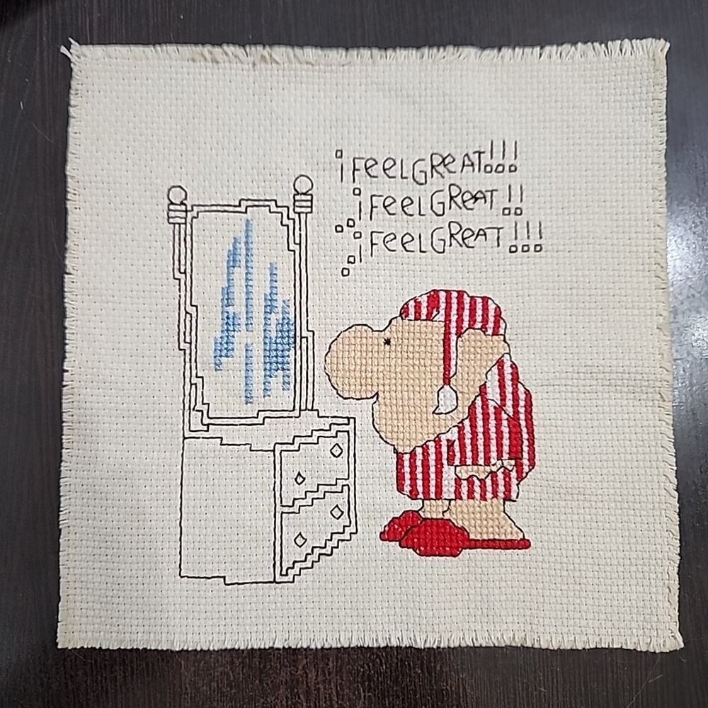 Vintage 1980 Ziggy I Feel Great! Completed Cross Stitch 6.5in Unframed